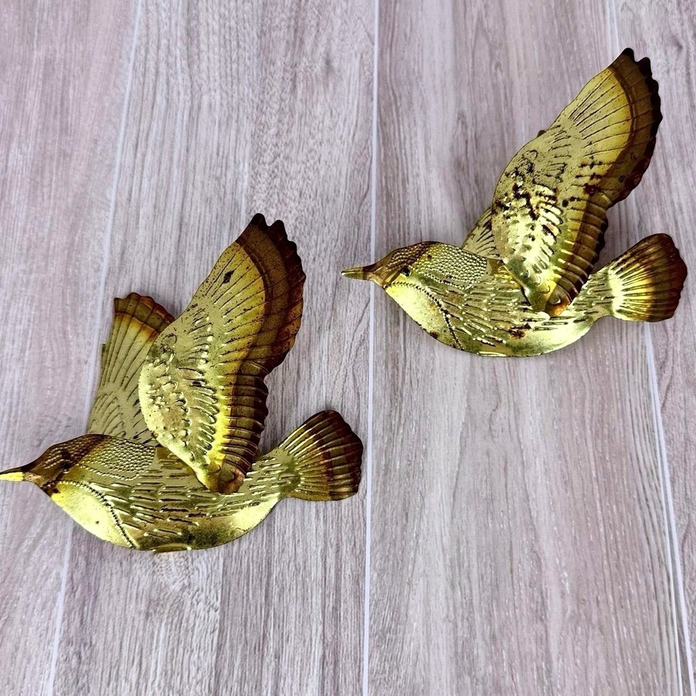 Vintage Flying Ducks Geese Metal Wall Plaques Pair Brass Tone MCM Decor